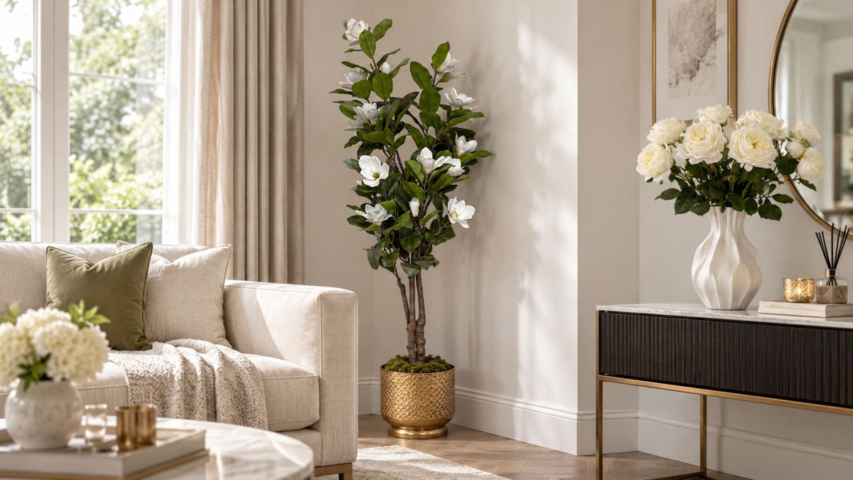 A tall magnolia tree in a corner beside a sofa, with faux flowers on a console 