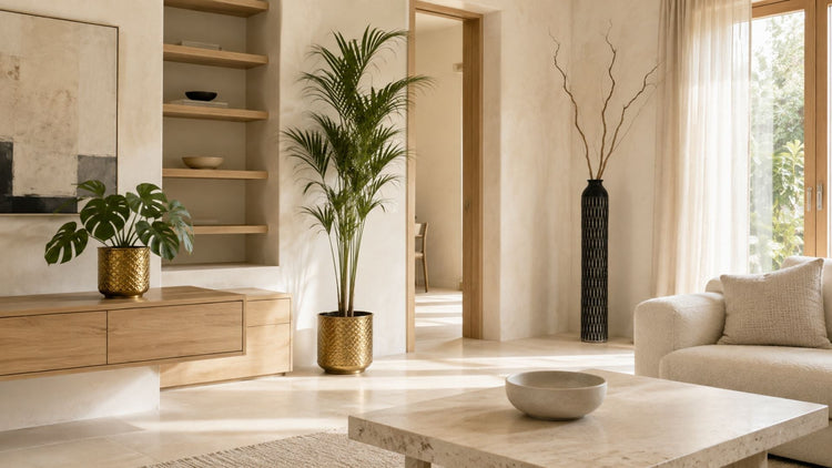 Decorative Mikolia planter with a natural plant, a compact planter with a tall artificial olive tree and a floor vase with branches styled together in a modern living room.