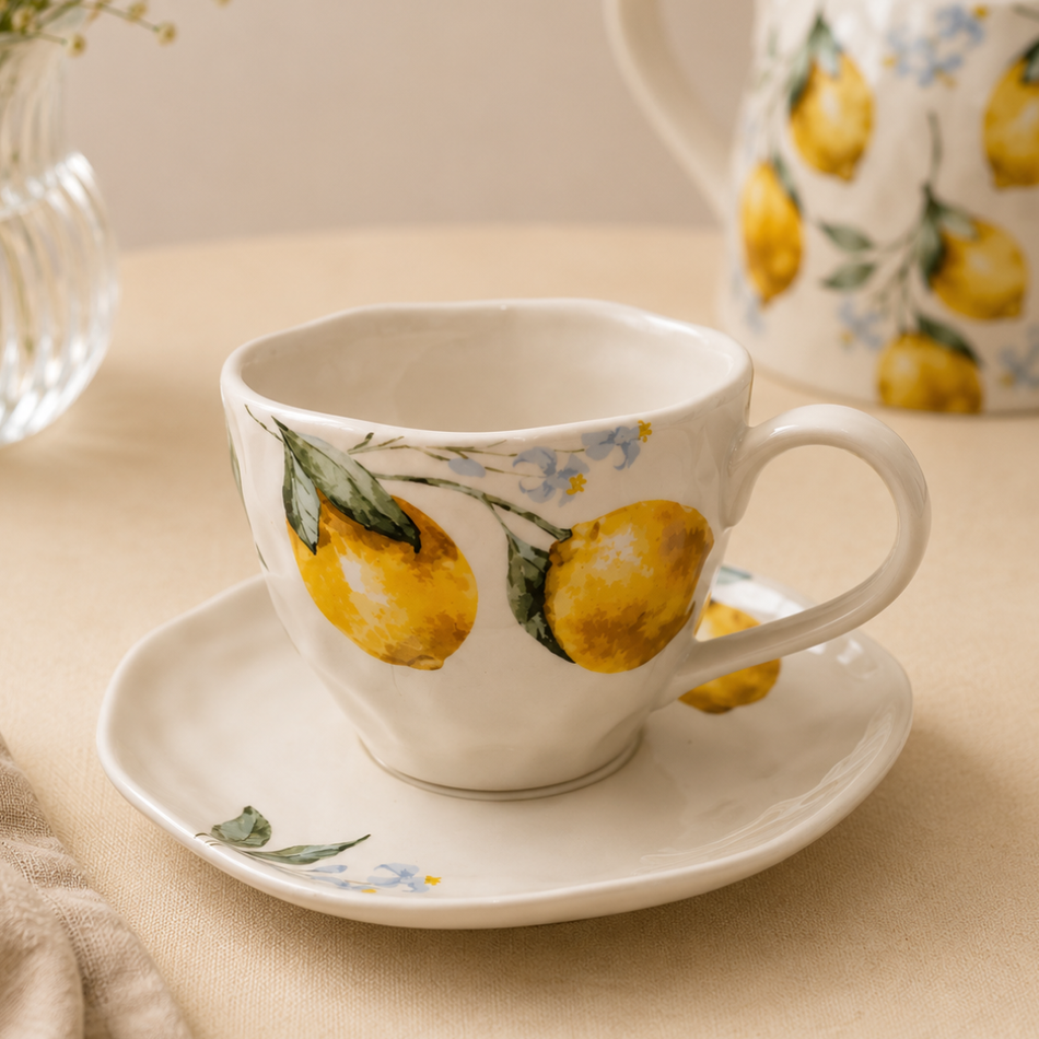 Amalfi Lemon Porcelain Cup & Saucer Set – Ceramic Cup and Saucer Set