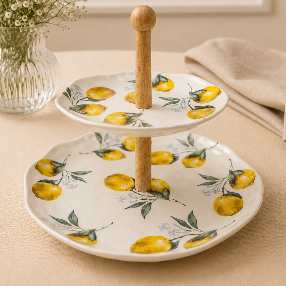 Amalfi Lemon Print Two-Tier Porcelain Cake Stand – 28cm Serving Stand