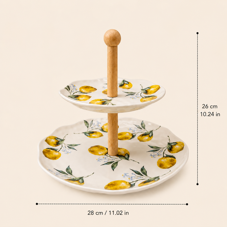 Amalfi Lemon Print Two-Tier Porcelain Cake Stand – 28cm Serving Stand
