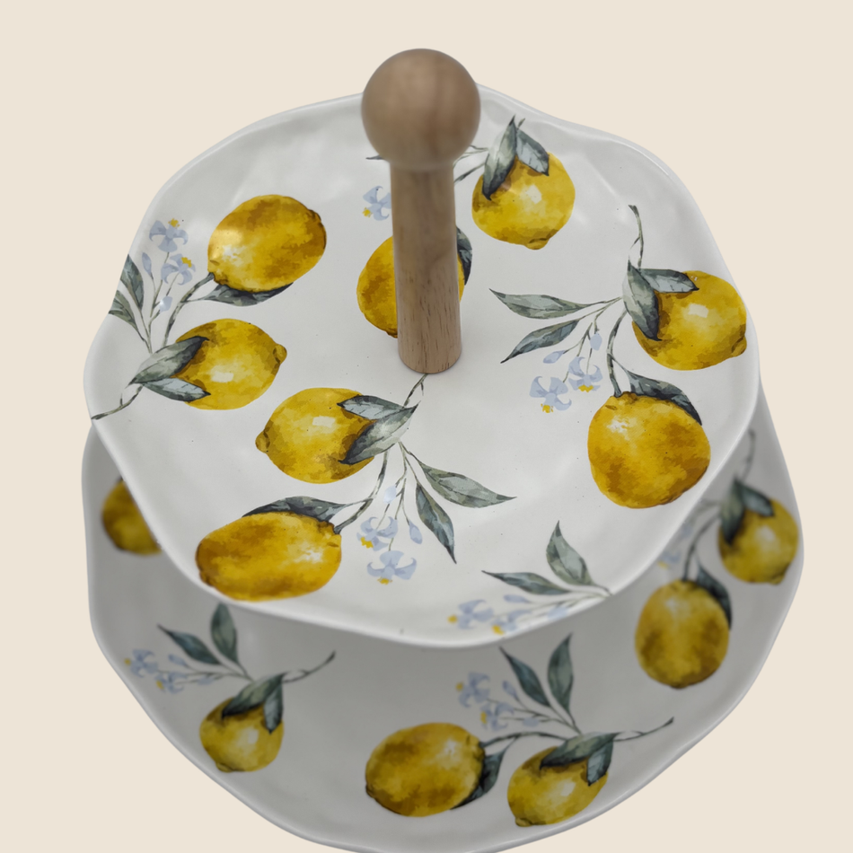 Amalfi Lemon Print Two-Tier Porcelain Cake Stand – 28cm Serving Stand