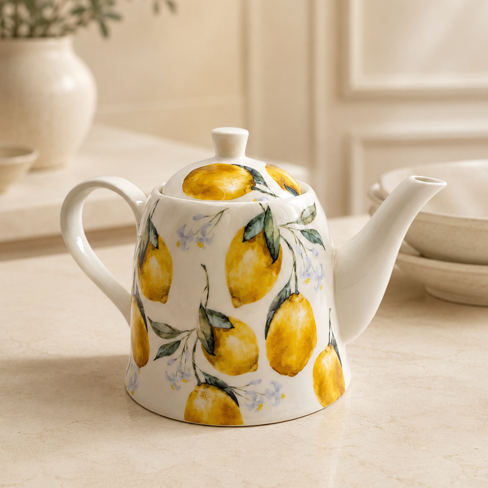 Amalfi Lemon Porcelain Teapot with Lid - 25cm Ceramic Tea Pot