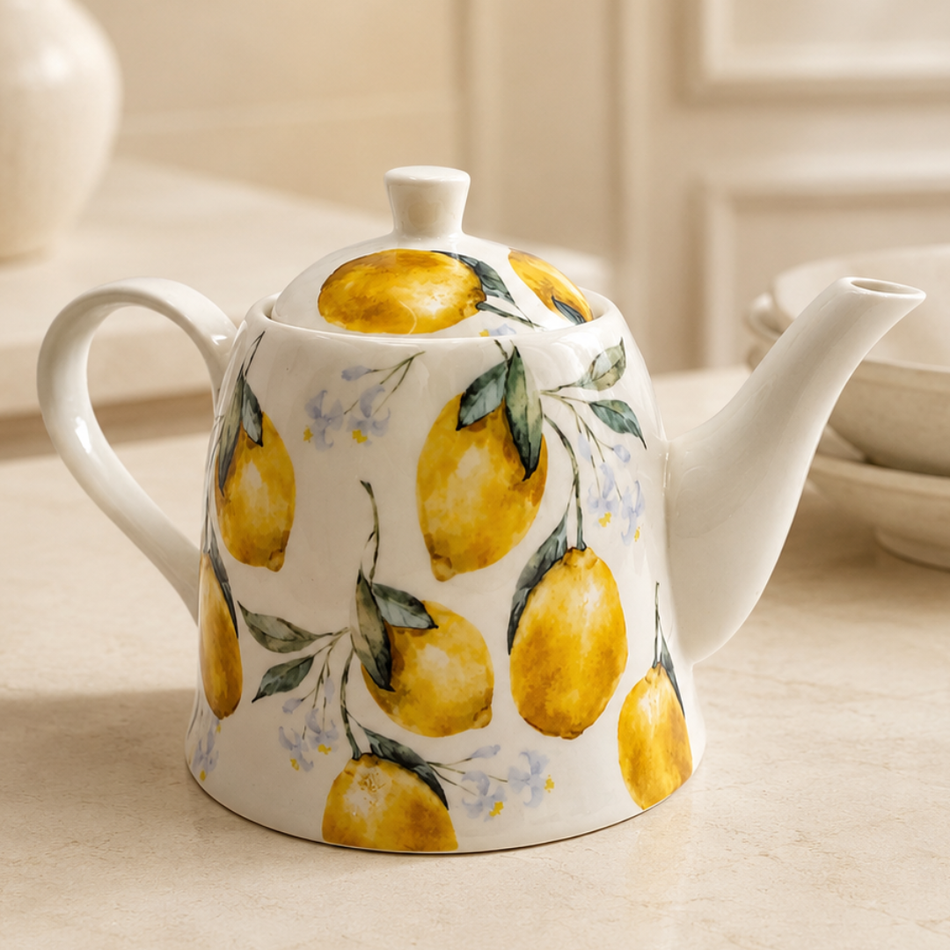 Amalfi Lemon Porcelain Teapot with Lid - 25cm Ceramic Tea Pot