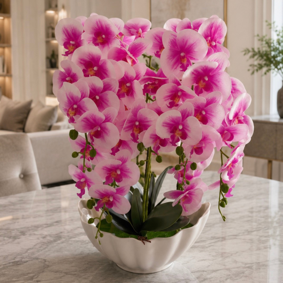 Artificial Pink Orchid Arrangement in White Ceramic Bowl