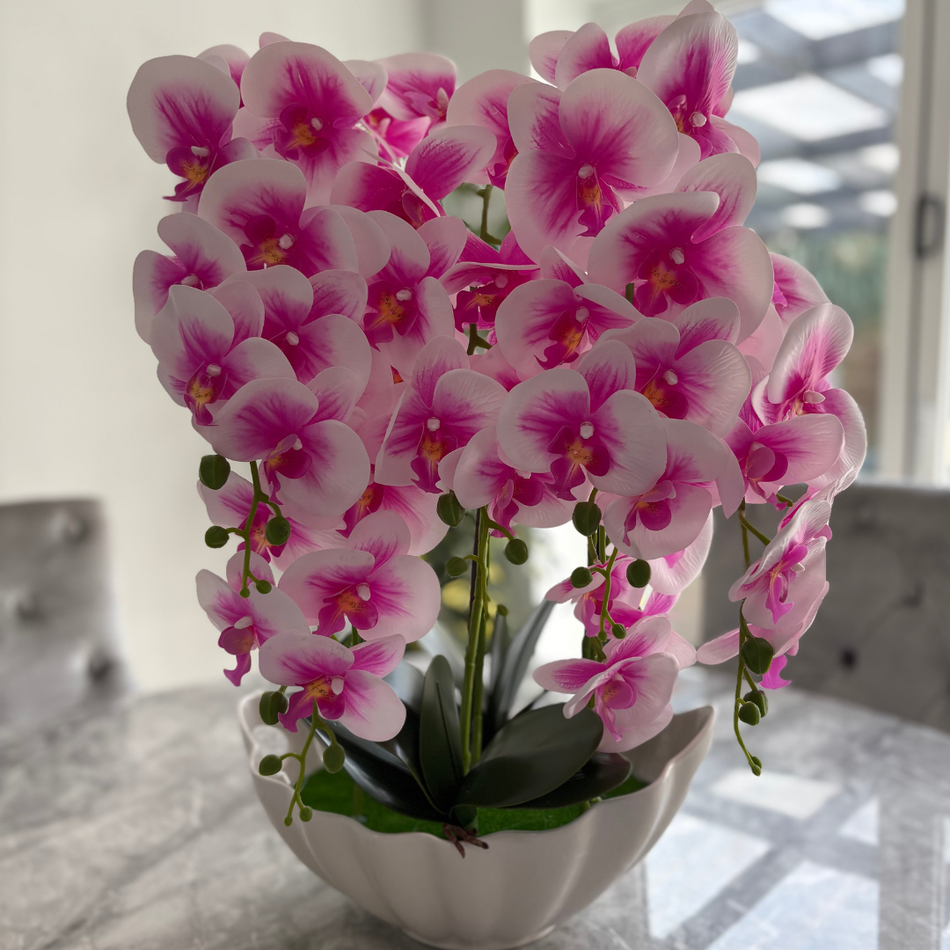Artificial Pink Orchid Arrangement in White Ceramic Bowl