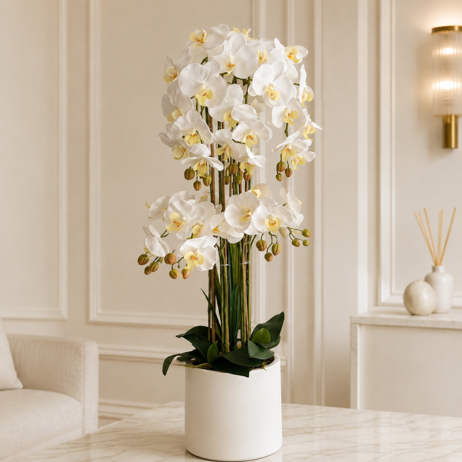Artificial White Orchid Arrangement 100cm
