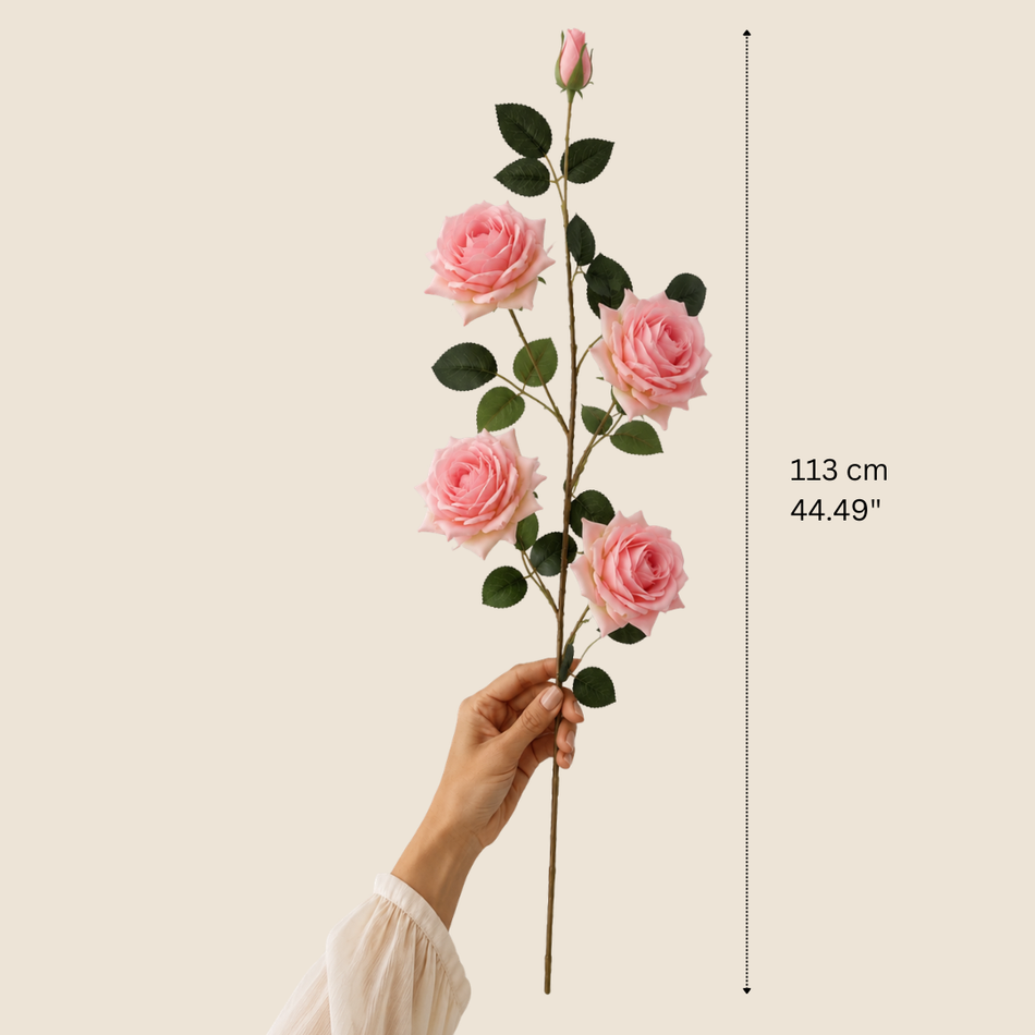 Artificial Long Stem Pink Rose Spray with 4 Blooms & Bud