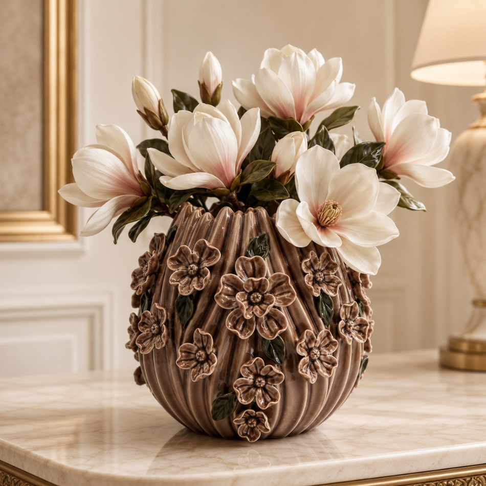 Brown Blossom Vase 22cm – Ribbed Ceramic Flower Vase