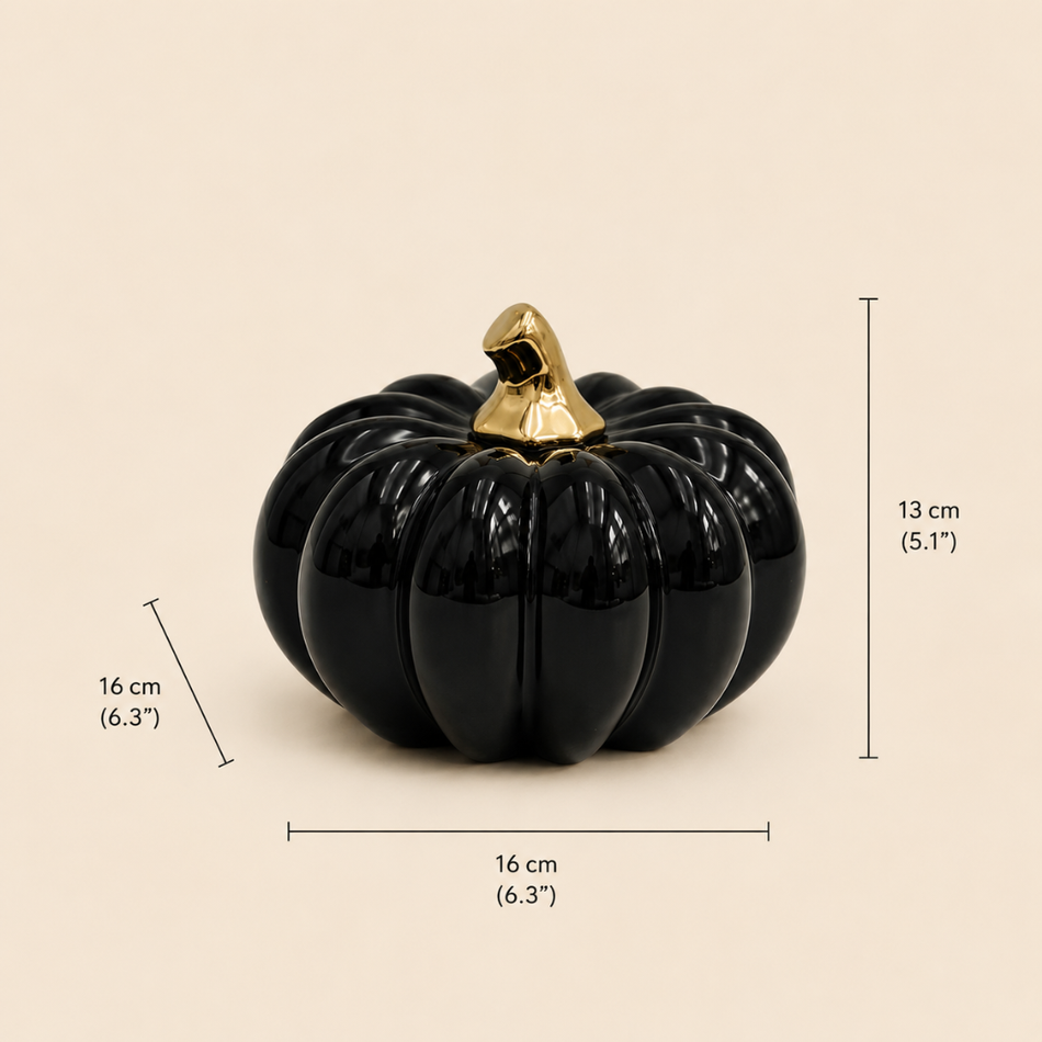 Black & Gold Ceramic Pumpkin Ornament 16cm (6") – Glossy Decorative Pumpkin