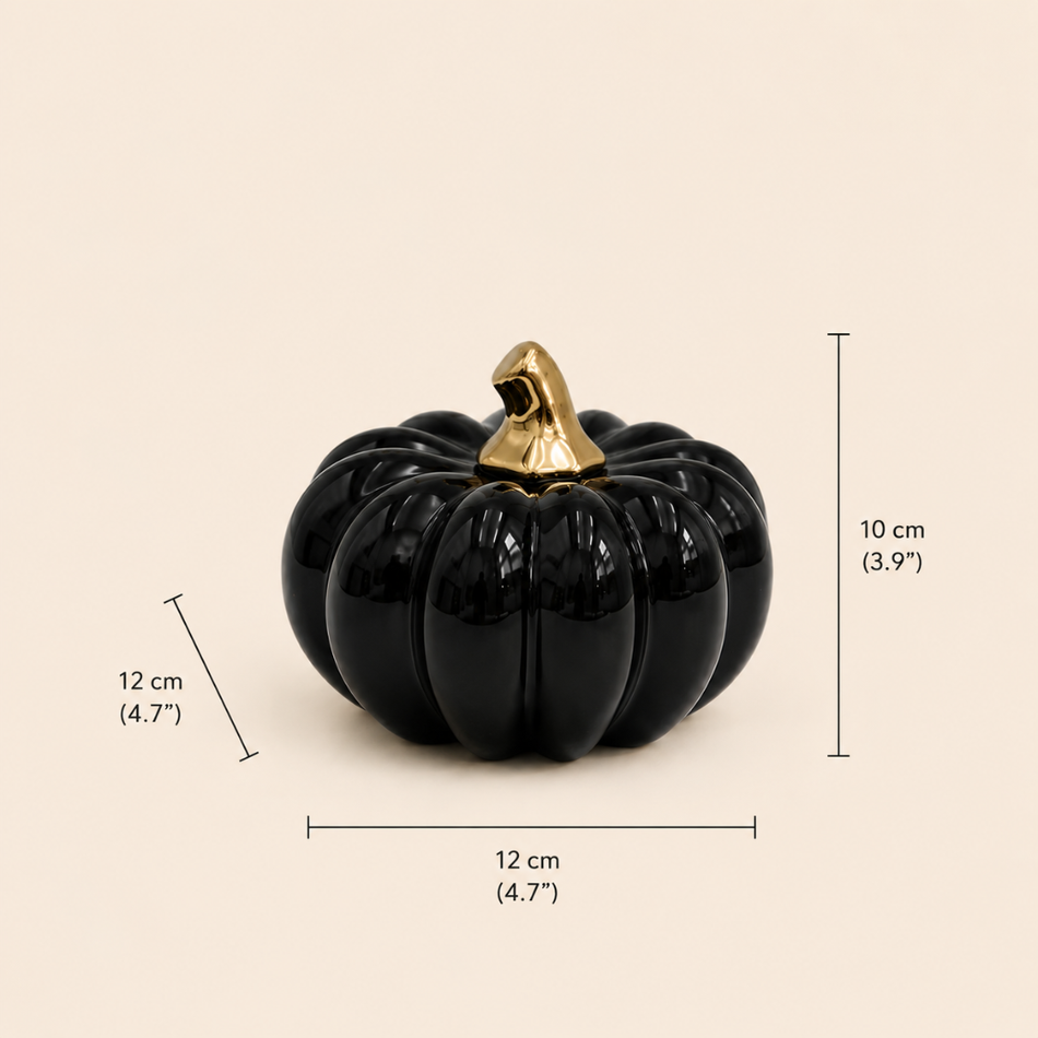 Black & Gold Ceramic Pumpkin Ornament 12cm (4.5") – Small Decorative Pumpkin