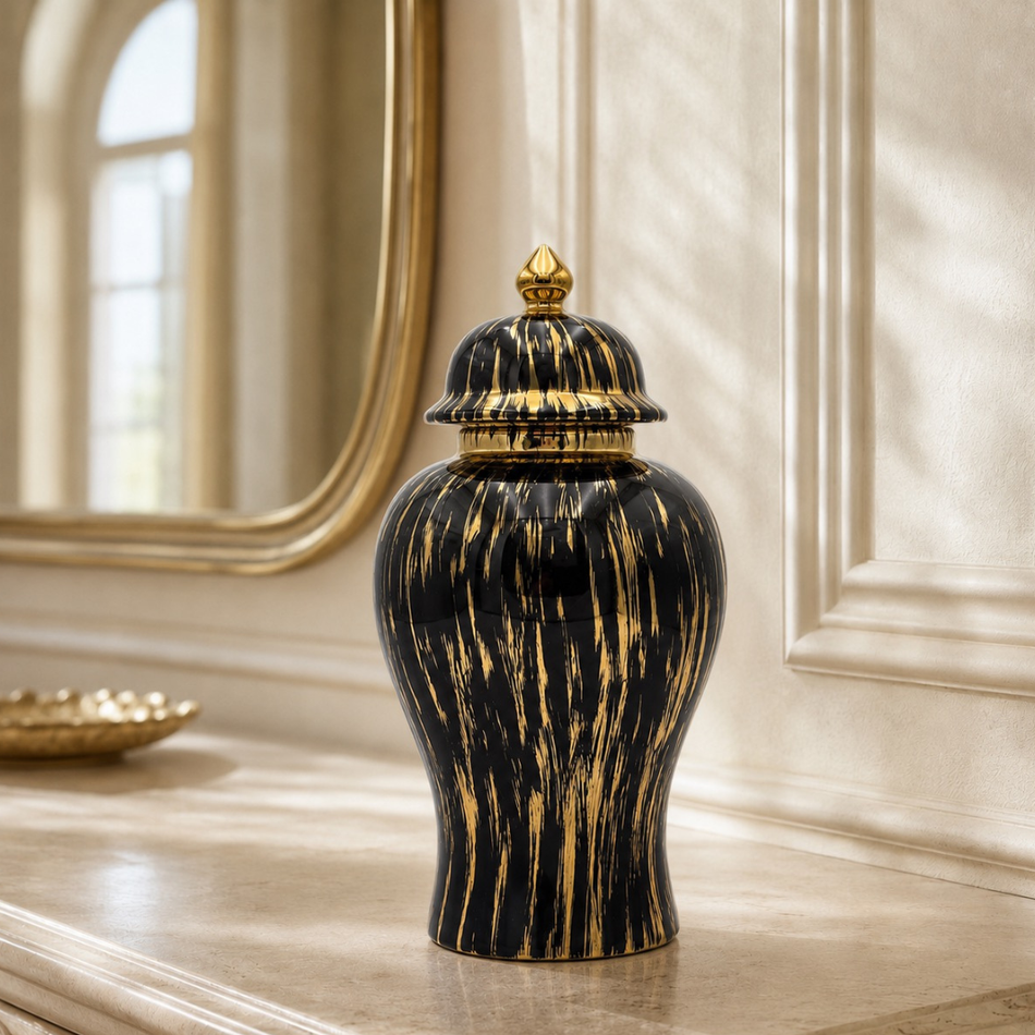 Black & Gold Decorative Ginger Jar with Lid 36cm – Large Ceramic Temple Jar