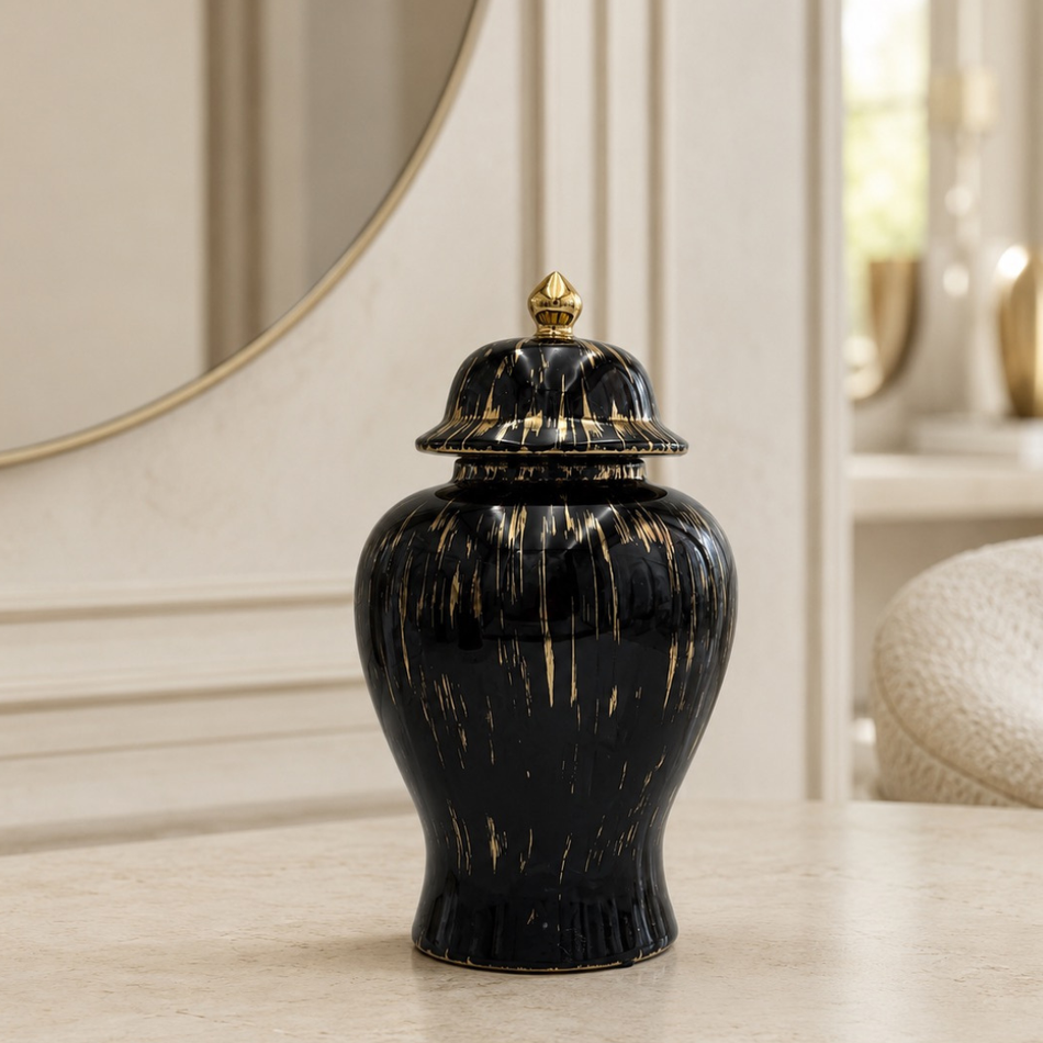 Black & Gold Decorative Temple Jar with Lid 28cm – Ceramic Ginger Jar