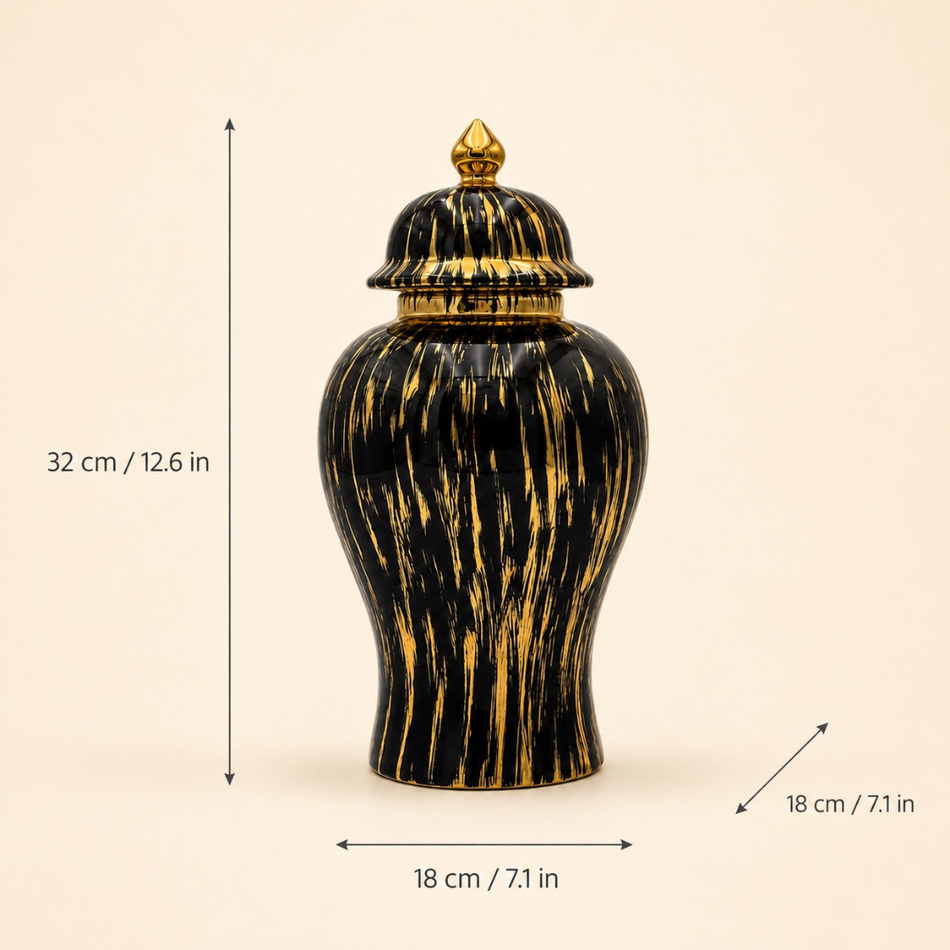 Black Gold Decorative Ginger Jar with Lid 32cm – Elegant Ceramic Temple Jar