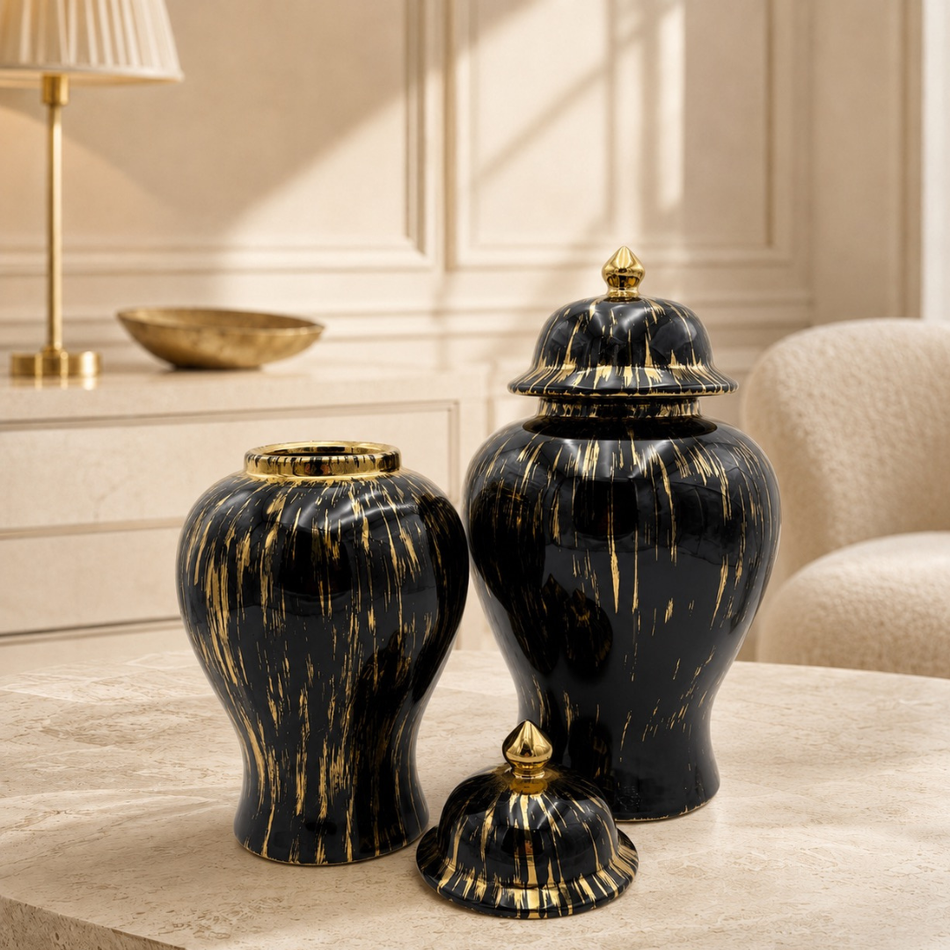 Black & Gold Decorative Ginger Jar with Lid 36cm – Large Ceramic Temple Jar