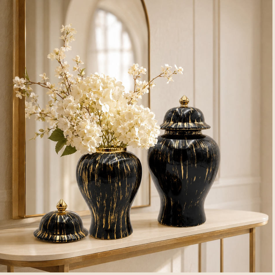 Black & Gold Decorative Temple Jar with Lid 28cm – Ceramic Ginger Jar