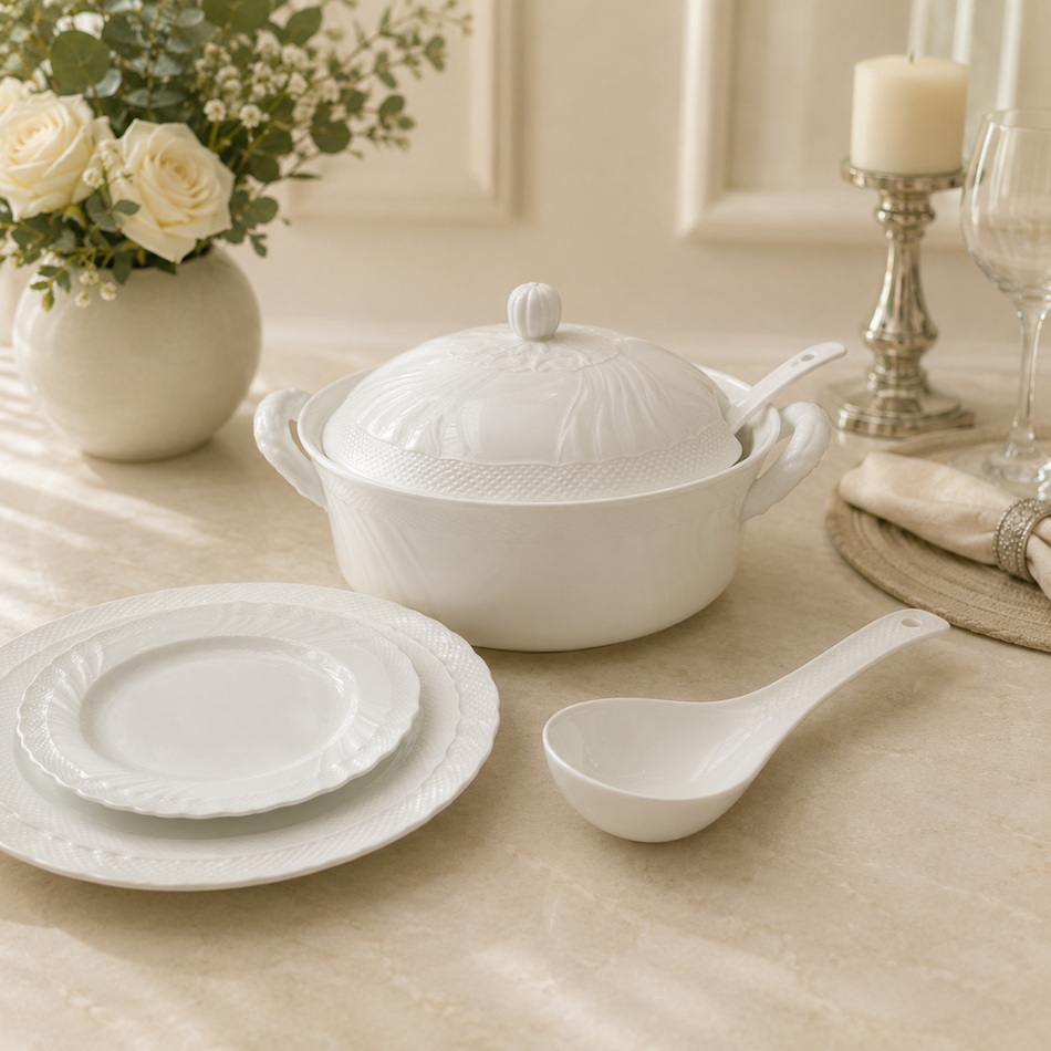 Camellia White Porcelain Soup Ladle – Elegant Serving Spoon
