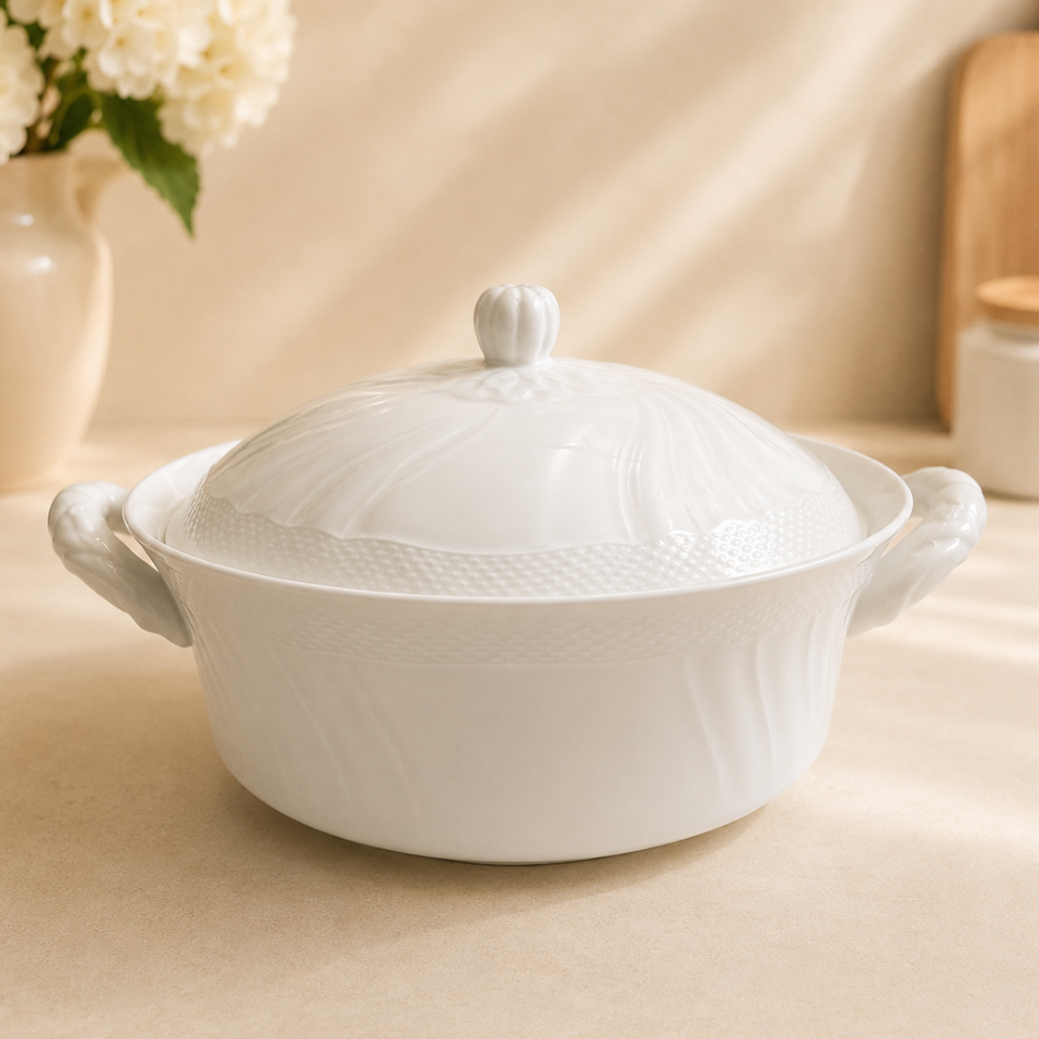 Camellia White Porcelain Soup Tureen with Lid – 26cm Elegant Serving Bowl
