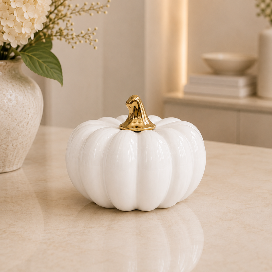 White & Gold Ceramic Pumpkin Ornament 12cm (4.5") – Small Decorative Pumpkin
