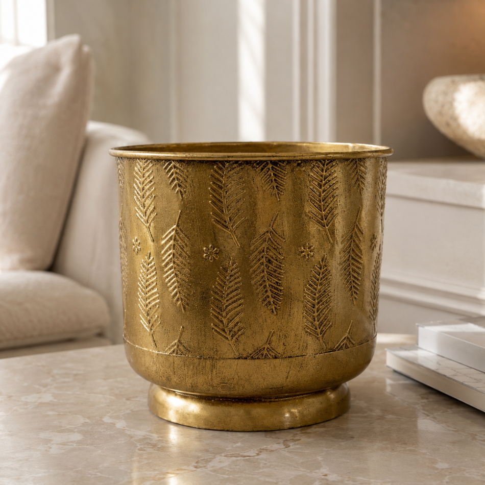 Engraved Gold Vase 24cm – Antiqued Metal Vase