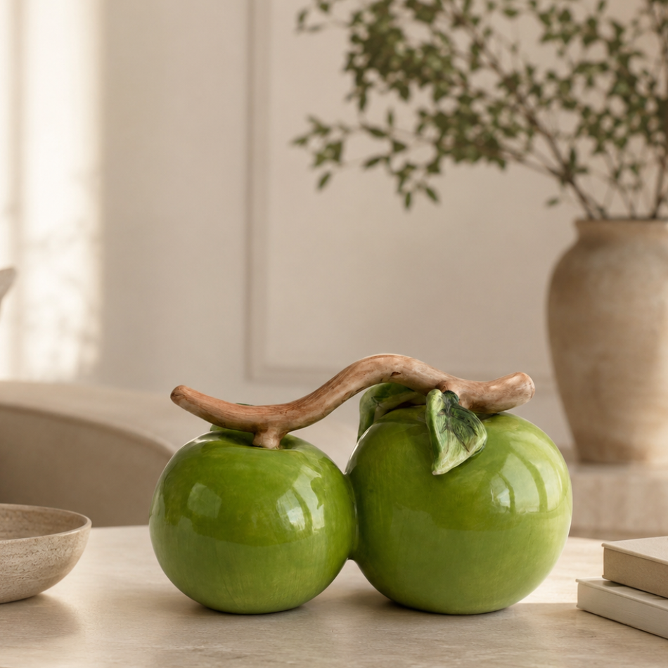 Green Double Apple Ornament 19cm (7.5") – Glossy Ceramic Fruit Sculpture