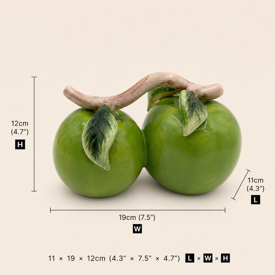 Green Double Apple Ornament 19cm (7.5") – Glossy Ceramic Fruit Sculpture