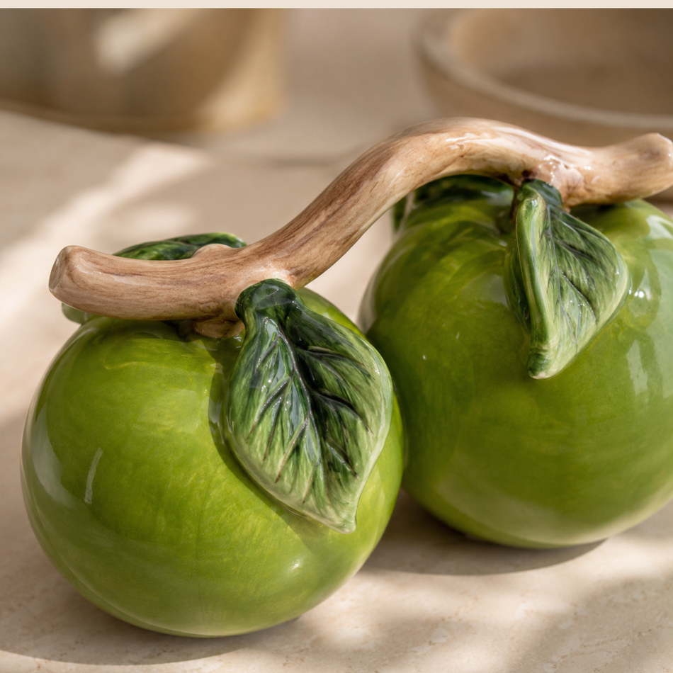 Green Double Apple Ornament 19cm – Glossy Ceramic Fruit Sculpture