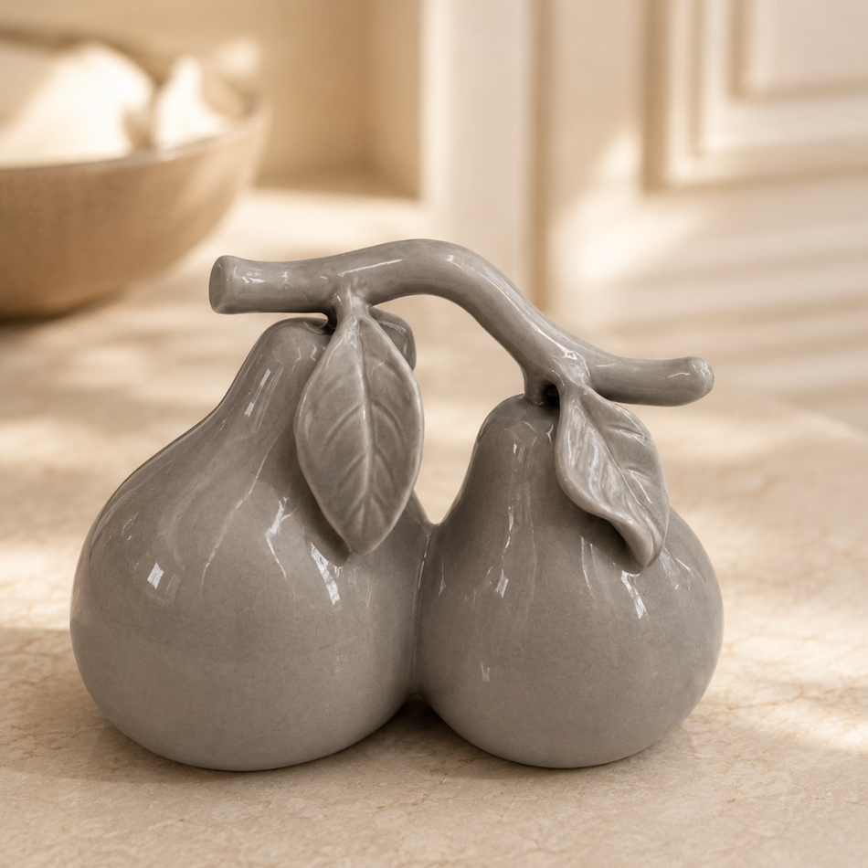 Grey Double Pear Ornament, Glossy Ceramic Fruit Sculpture