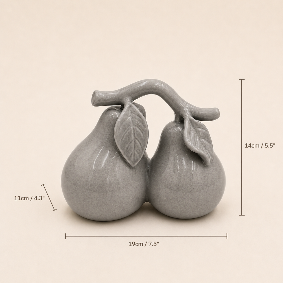 Grey Double Pear Ornament, Glossy Ceramic Fruit Sculpture