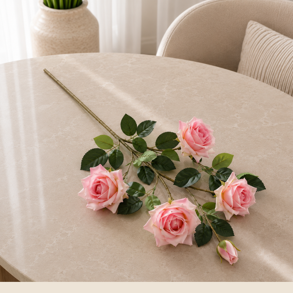 Artificial Long Stem Pink Rose Spray with 4 Blooms & Bud