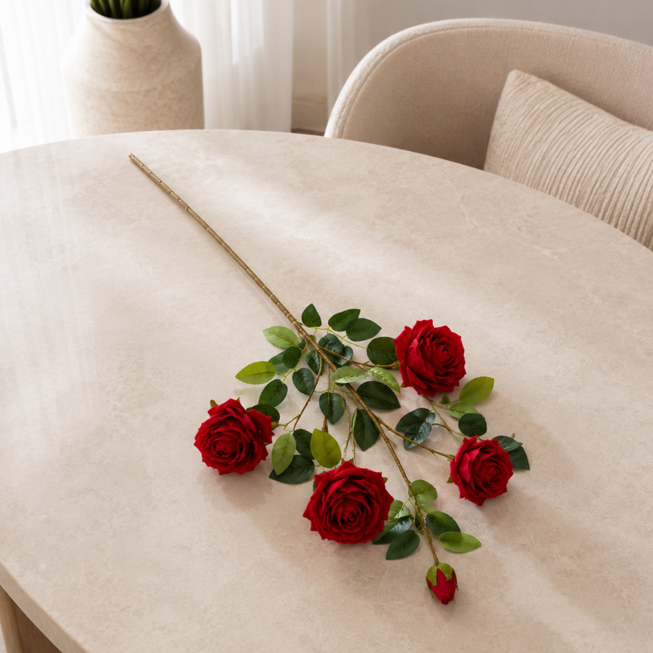 Artificial Long Stem Red Rose Spray with 4 Blooms & Bud