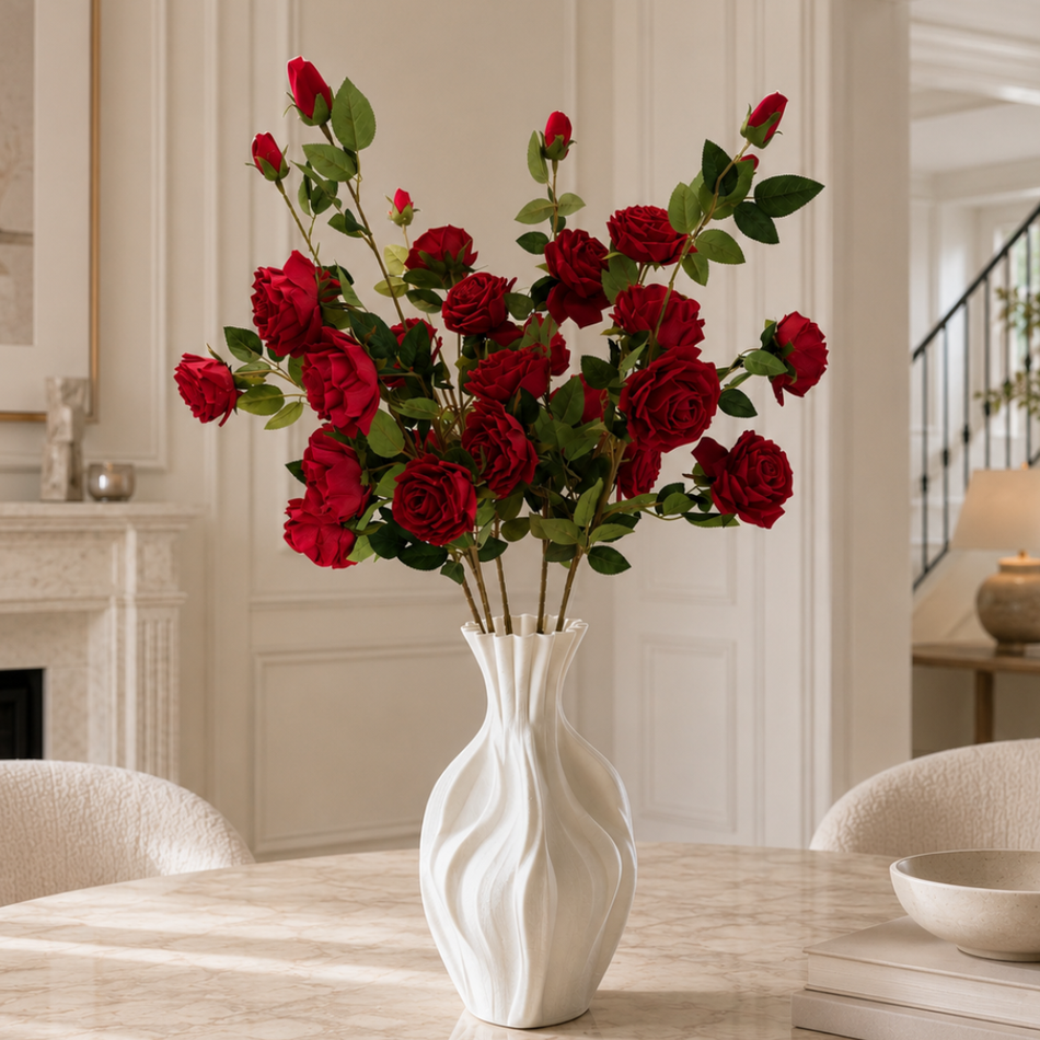 Artificial Long Stem Red Rose Spray with 4 Blooms & Bud