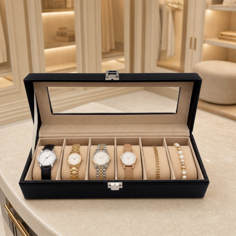 Luxury Black Watch Box with Glass Lid – 6 Slot Watch Storage Case