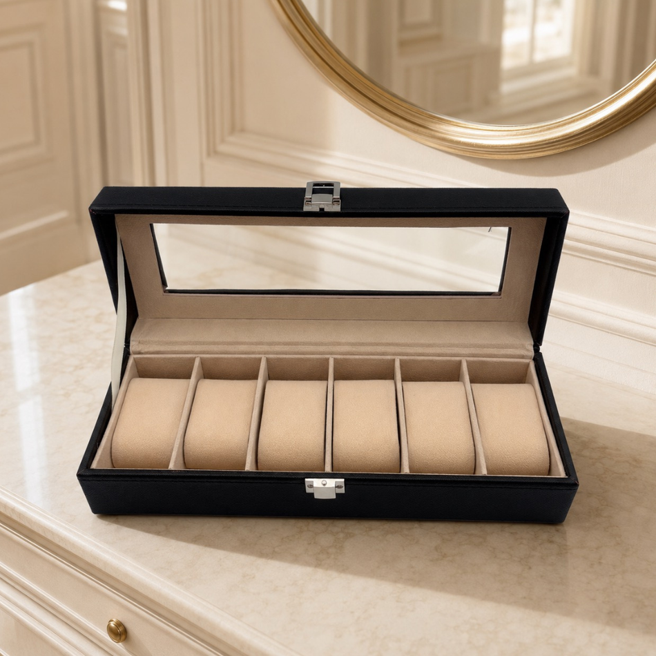 Luxury Black Watch Box with Glass Lid – 6 Slot Watch Storage Case