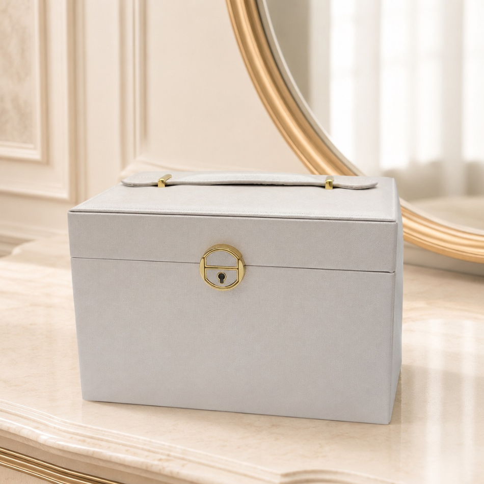Luxury Cream Jewellery Chest with Mirror & Lock – Premium Jewellery Organiser