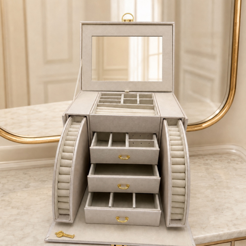 Luxury Cream Jewellery Chest with Mirror & Lock – Premium Jewellery Organiser