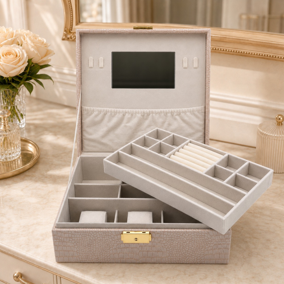 Luxury Crocodile-Effect Jewellery Case with Mirror & Removable Tray – Premium Jewellery Organiser
