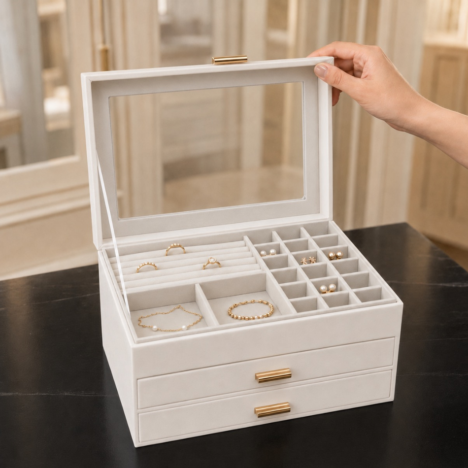 Luxury Off White / Ivory  Jewellery Box with Glass Lid & Drawers – Large Jewellery Organiser