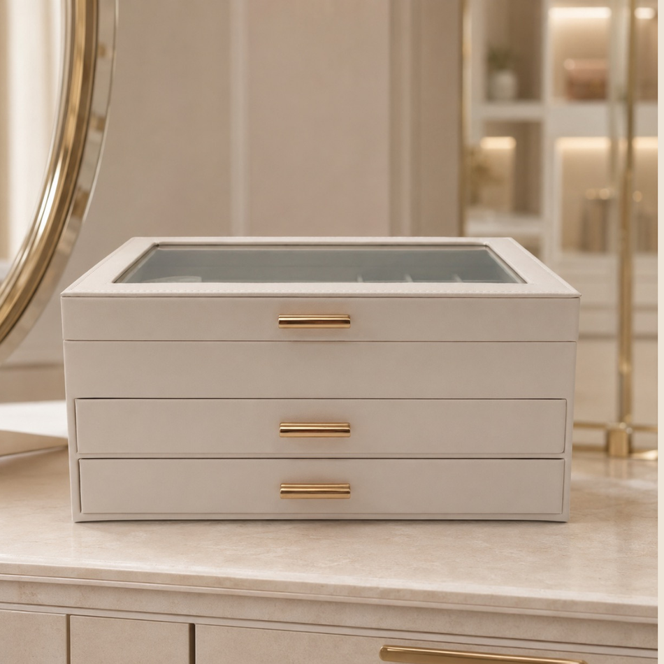 Luxury Off White / Ivory  Jewellery Box with Glass Lid & Drawers – Large Jewellery Organiser