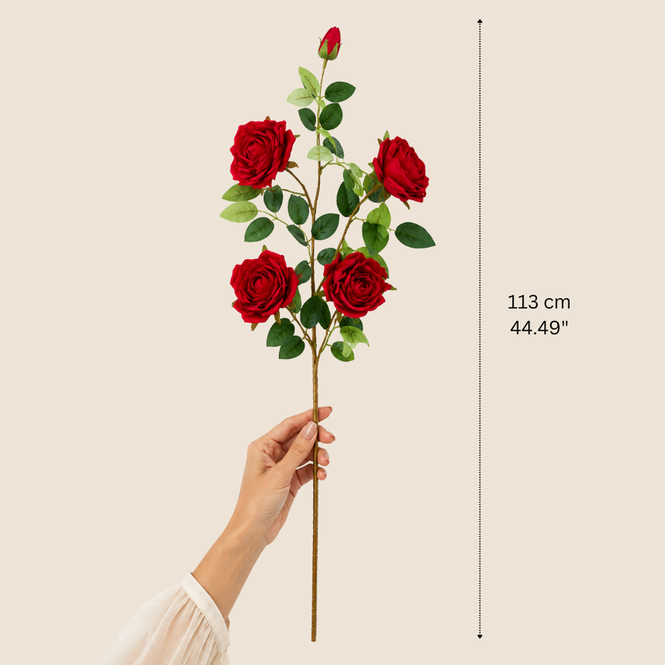 Artificial Long Stem Red Rose Spray with 4 Blooms & Bud