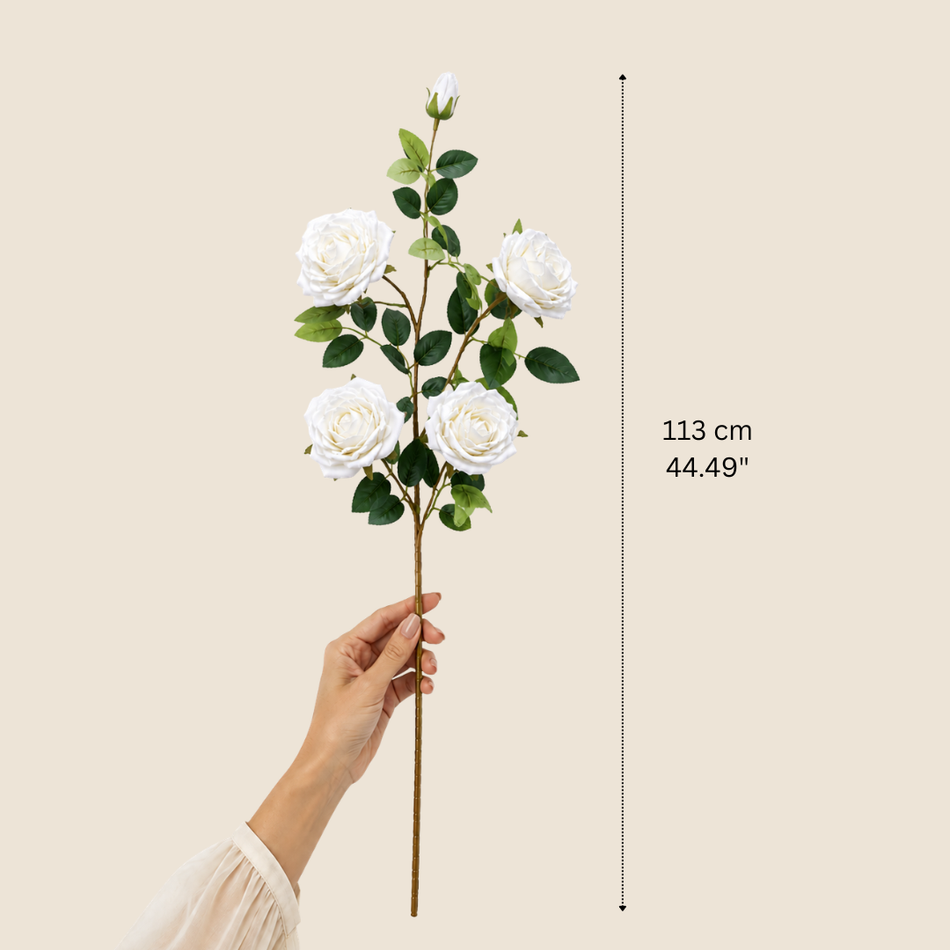 Artificial Long Stem White Rose Spray with 4 Blooms & Bud