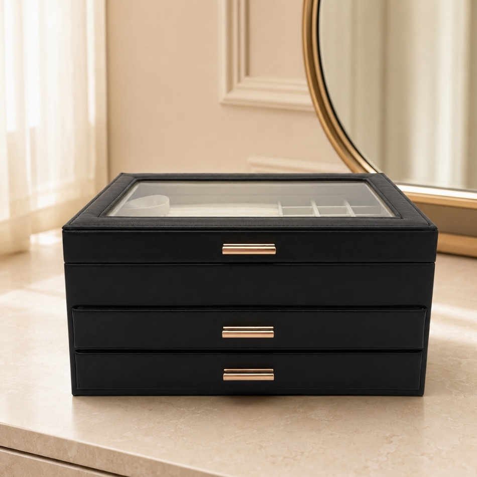 Luxury Black Jewellery Box with Glass Lid & Drawers – Premium Jewellery Organiser
