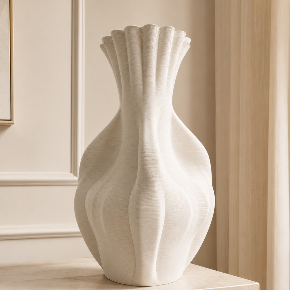 Off-White Fluted Neck Vase 45cm (18") – Curved Sculptural Ceramic Vase