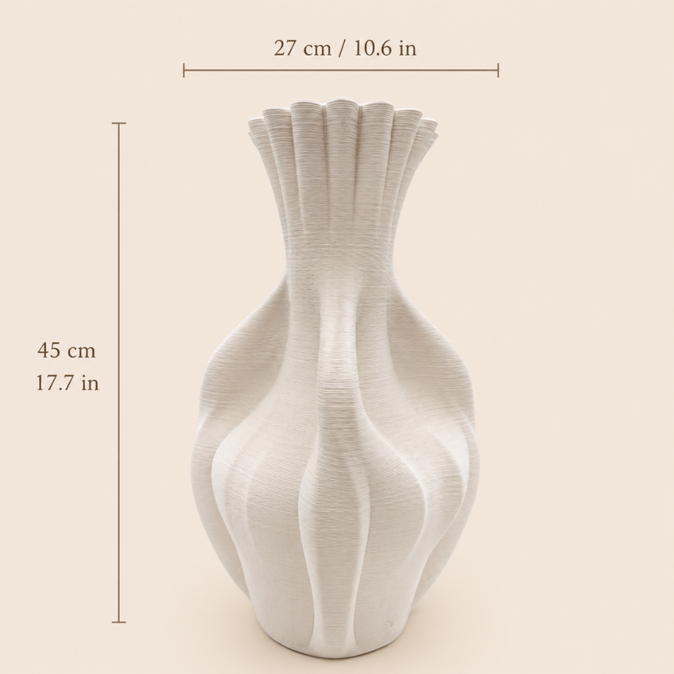 Off-White Fluted Neck Vase 45cm (18") – Curved Sculptural Ceramic Vase