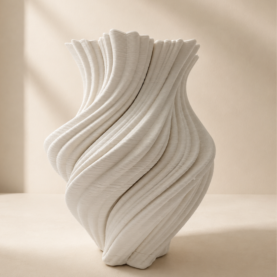 Off-White Sculptural Wave Vase 29cm (11.5") – Rippled 3D-Printed Ceramic Vase