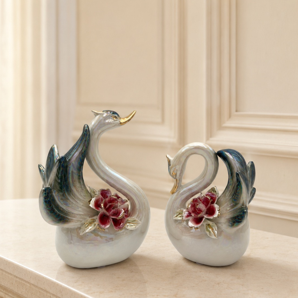 Pearlescent Swan Ornament Set with Floral Detail – Ceramic Decorative Swans (Set of 2)