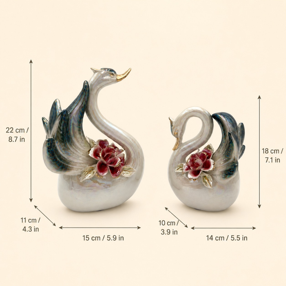 Pearlescent Swan Ornament Set with Floral Detail – Ceramic Decorative Swans (Set of 2)