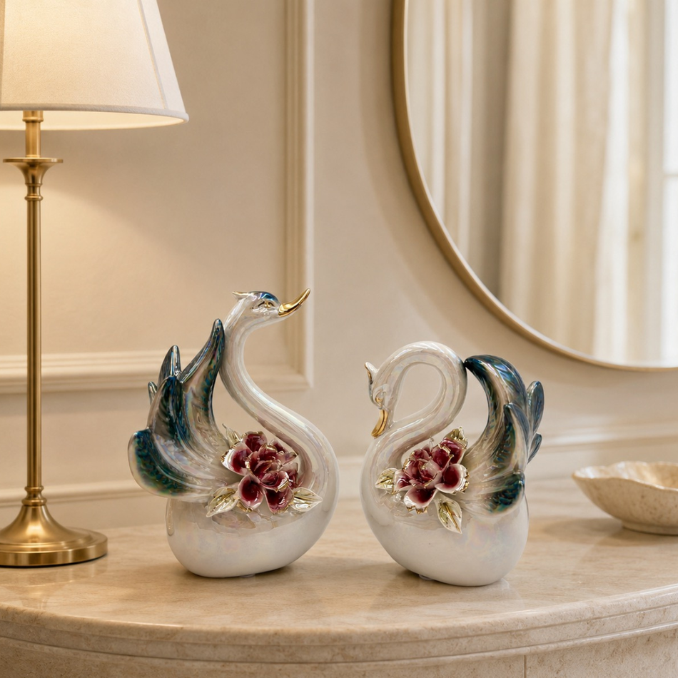 Pearlescent Swan Ornament Set with Floral Detail – Ceramic Decorative Swans (Set of 2)