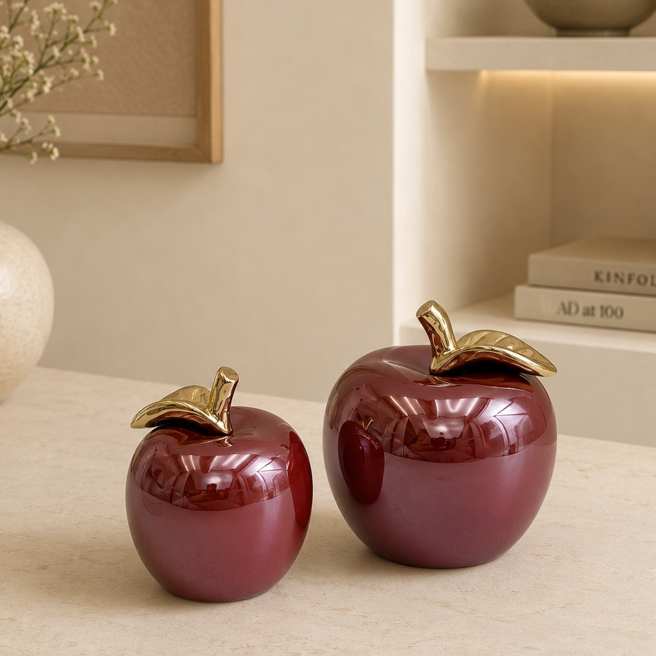 Red & Gold Pearlescent Apple Ornament 11cm (4.5") – Small Glossy Ceramic Apple