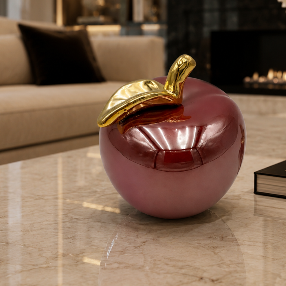 Red & Gold Pearlescent Apple Ornament 11cm – Small Glossy Ceramic Apple